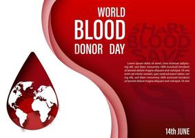 World map in a droplet with wording of blood donor day on abstract shape in paper cut style and example texts on red gradient background. Poster's campaign of world blood donor day in vector design.