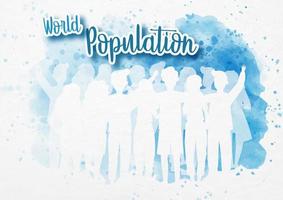 Silhouette crowd of people in cartoon character and flat style with the name of event on blue watercolor background. World Population day poster's campaign in vector design.