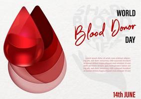 Blood droplet in glass style with wording of blood donor day and example texts on abstract water droplet shape in paper cut style and on white paper pattern background. vector