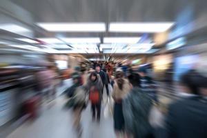 Zoom Motion blur crowd of Japanese passenger in underground subway transportation, Japan photo