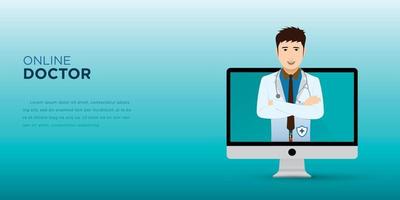 médico en línea. servicios de salud, médico con estetoscopio en la pantalla del pc. vector para el sitio web de la clínica. fondo azul claro