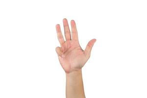 la mano asiática muestra y cuenta 9 dedos en un fondo blanco aislado con un camino de recorte foto