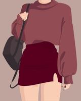 Fashion woman. A girl in a stylish skirt and a sweater in burgundy shades. Dark backpack. Simple flat.
