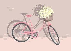 Pink city bike with chamomile flowers on a beige background. Vintage style. Summer tenderness. Decoration, poster, textile