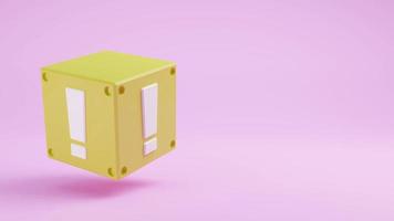 Yellow item box with white exclamation marks 3D render illustration photo