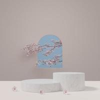 Cylindrical white marble podium with natural plants 3D render illustration photo