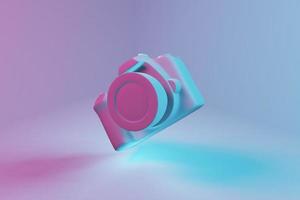 cámara vintage aislada sobre fondo azul y rosa. concepto de viaje estilo minimalista con espacio de copia. representación 3d foto