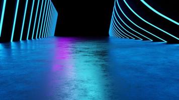 Futuristic sci-fi blue neon light shapes on black background with blank space photo