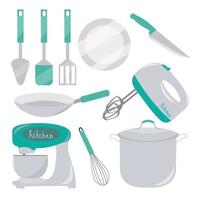 Kitchen set. Plate. Knife. Mixer. Pan. Kastrulya. vector