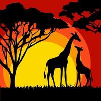 Landscape with silhouettes of giraffes in Africa. Vector illustration.