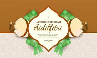 Selamat hari raya aidilfitri design with simple elegant bedug and ketupat for greeting vector