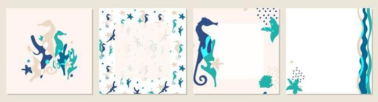 Set of templates, backgrounds and seamless pattern for social media or print with sea life illustration. Vector flat illustration.