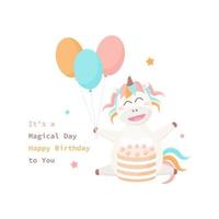 Happy unicorn with balloons and birthday cake. vector