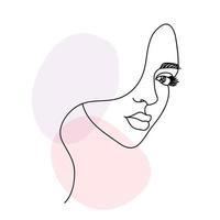Woman face portrait in continuous one line drawing style. Minimalist modern art with abstract shapes. Vector illustration for product design.