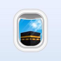 viajar a la meca con el edificio kaaba en la ventana del avión para la religión islámica de peregrinación umra o hajj vector