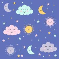 Background with beautiful smiling colorful clouds and stars.Vector illustration. vector