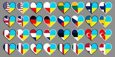 Flags of European countries, USA, Turkey, Japan in the heart with the Ukrainian flag. Vector illustration.