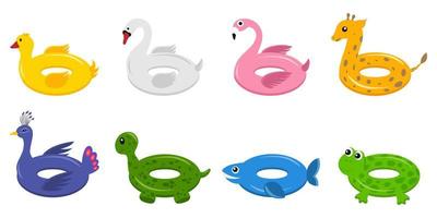 Set of swimming circles. Funny inflatable circles flamingo, shark, duck, toad, peacock, turtle, swan, giraffe. Vector illustration.