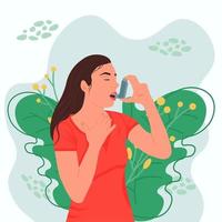 A woman uses an asthma inhaler against an allergic attack. World Asthma Day. Allergy. Bronchial asthma. Vector. vector