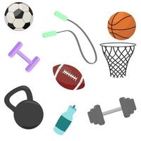 Sports kit balls, rope, kettlebell, water bottle, dumbbells. Vector. vector