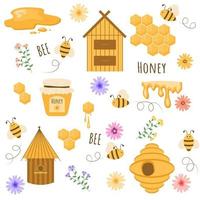 Honey set. Beekeeping. Cartoon apiary. Illustration of beehive, bees, honey, flowers. vector