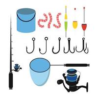Fisherman elements set. Float, fishing rod, bucket, net, worms, reel. Vector illustration.