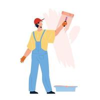 Painter Man Painting Wall With Roller Tool Vector