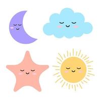 Set of moon, cloud, sun and star. Children's set. Vector illustration.