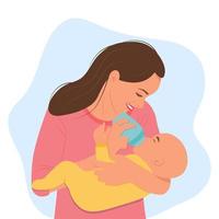 Mother feeds her baby with milk from a bottle. Vector illustration.
