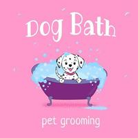 Cute Dalmatian dog taking a bath in a grooming salon. Vector illustration.