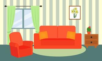 Living room interior. Comfortable sofa, armchair, window and indoor plants. Vector illustration.