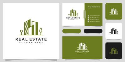 construcción de estilo de línea de vector de logotipo de bienes raíces y tarjeta de visita