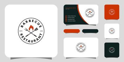 barbecue with fork and fire flame logo and business card vector