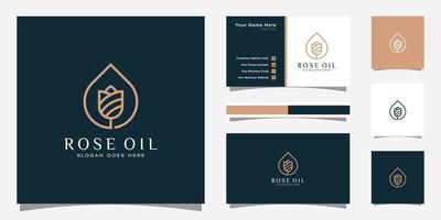 logotipo de aceite de rosa de lujo y plantilla de tarjeta de visita. el logotipo se puede utilizar para icono, marca, identidad, empresa femenina, creativa, dorada y comercial vector