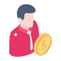 Person with dollar coin, isometric icon of investor vector