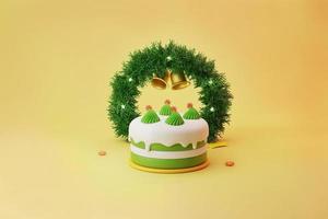 pastel de navidad con corona verde y adorno de campanas de oro sobre fondo amarillo ilustración 3d foto