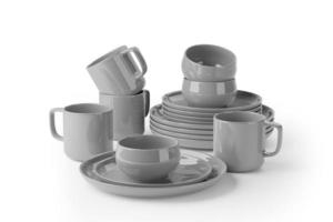 Cuenco gris y plato gris y taza gris aislado sobre fondo blanco 3D Render foto