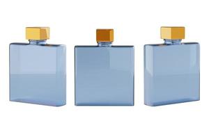 Square blue perfume bottle with a metallic cap. 3D rendered Mock Up Isolated on white Background. photo