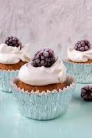 simple homemade cupcakes with whip cream and blackberry topping dessert photo