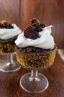 chocolate cake in a fancy glass mug with whip cream and fresh blackberries photo