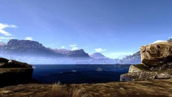 A lake with mountains and a beautiful sky. Thick fog at distant mountains 3D rendering photo