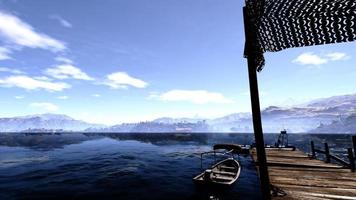 un lago con montañas y un hermoso cielo. niebla espesa en la representación 3d de montañas distantes foto