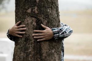 la gente abraza árboles grandes en el bosque, campaña no destructiva para salvar la naturaleza, anti-deforestación, reemplazo de plantas para reducir el calentamiento global. concepto salvar al mundo y reducir el calentamiento global. foto