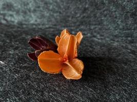 Artificial flowers for interior design on textured gray background. Orange and purple petals, close-up, floral image. Home and office decorations, horizontal photo