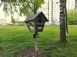 old wooden feeder for birds and animals photo