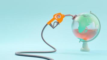 Orange fuel nozzle is refueling the simulated green globe. Energy and Technology concept. photo