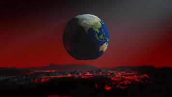 Globe floating on red lava. Smoke and light from the side. Global warming idea concept. photo