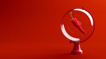 Red pepper in clear glass on a rotating platform. on red background, minimal idea concept. photo