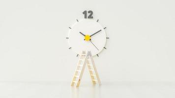 Clock middle of white room. Wooden ladder placed in front. photo