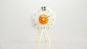 Clock is shaped like fried egg in the middle of white room. Wooden ladder placed in front. photo